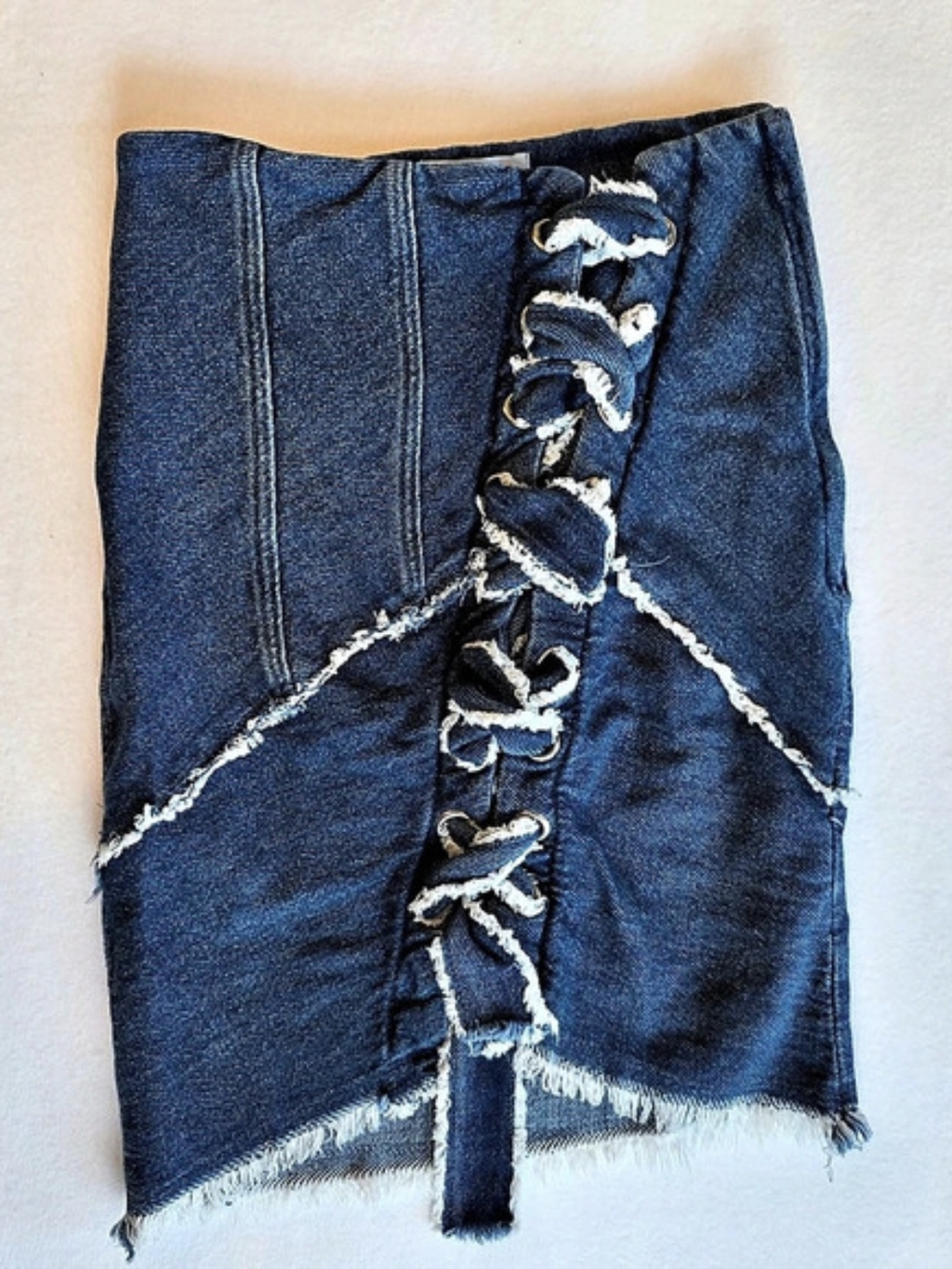 IRO Denim Lace-Up Raw Hem Mini Skirt Size 34 Blue Distressed Corset Y2K European